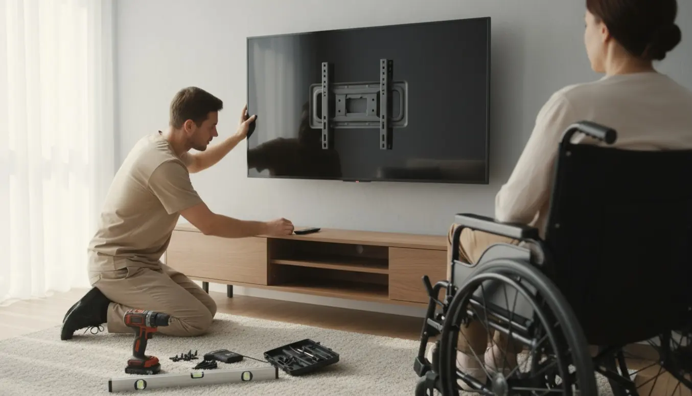 En fagperson monterer et TV i handikapvenlig højde, mens en person i kørestol ser til.