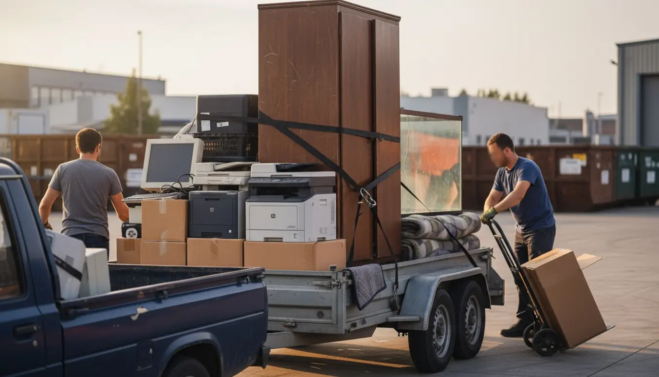 Et åbent lad med gamle elektronikdele, printere, et stort klædeskab og et akvarium tæt på en genbrugsplads.