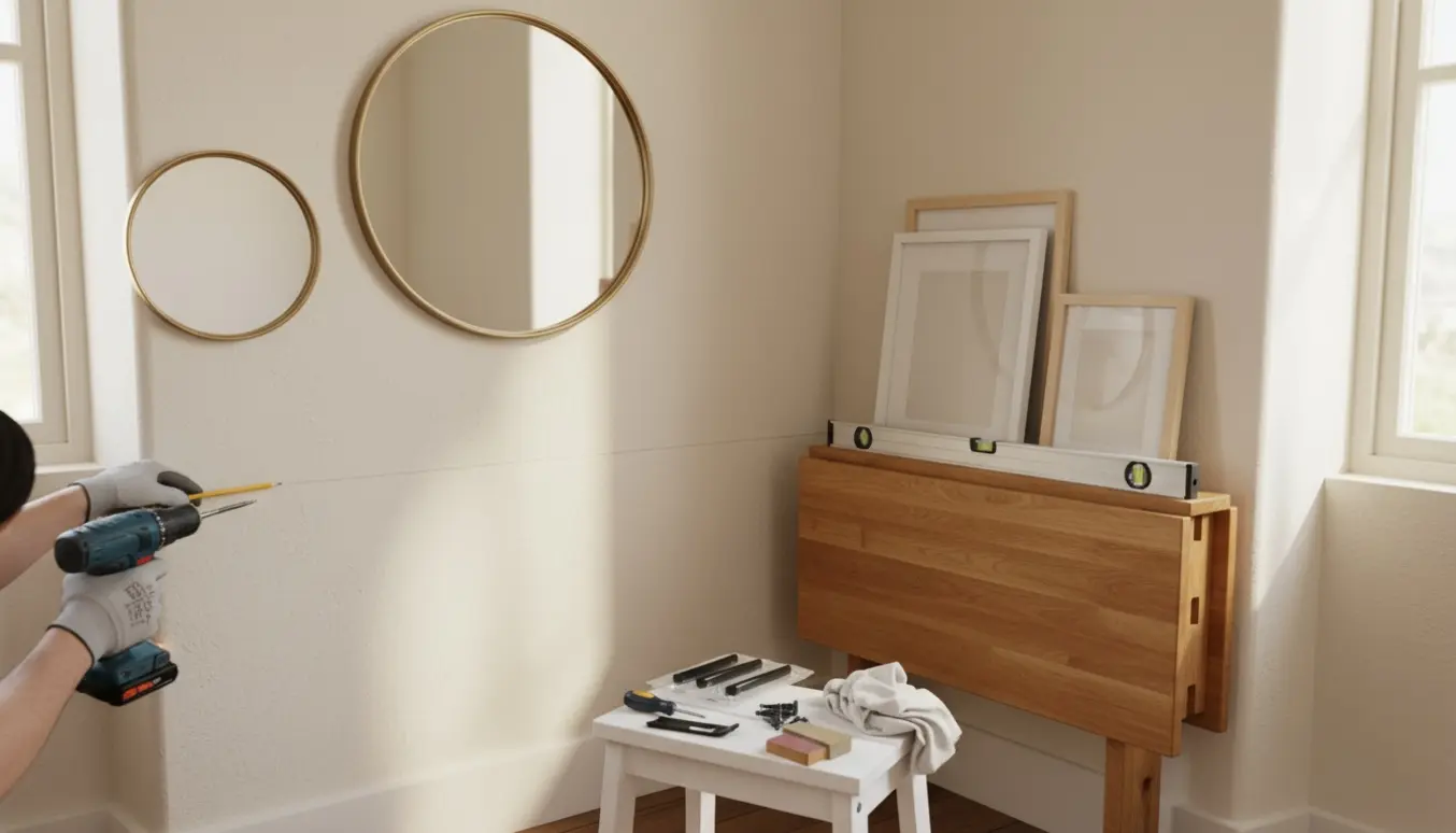 Hænder måler og monterer spejle, billeder og et foldbart bord med værktøj spredt omkring.