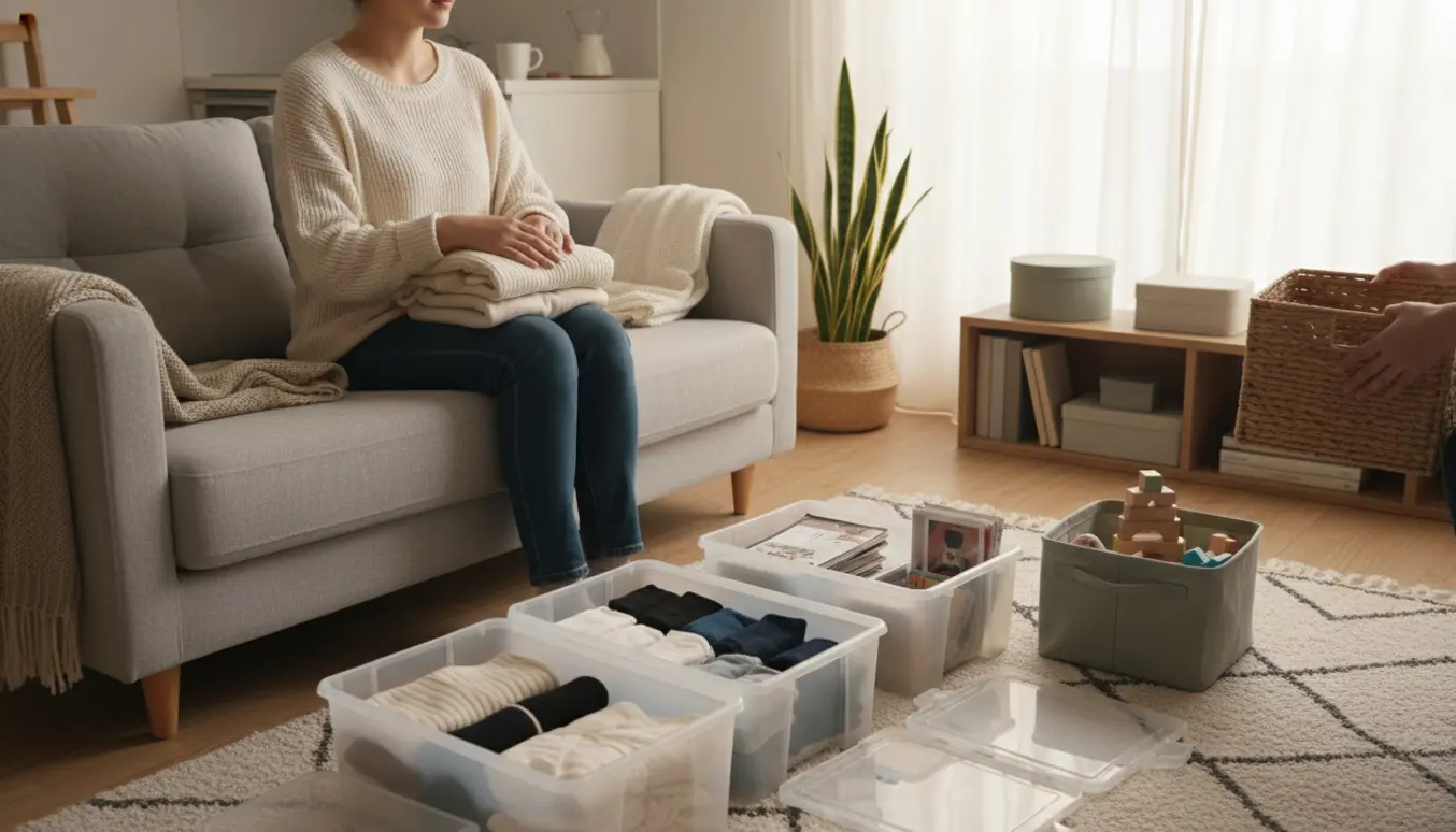 To personer organiserer et lille hjems stue med kurve, opbevaringskasser og foldet tøj i blødt dagslys.