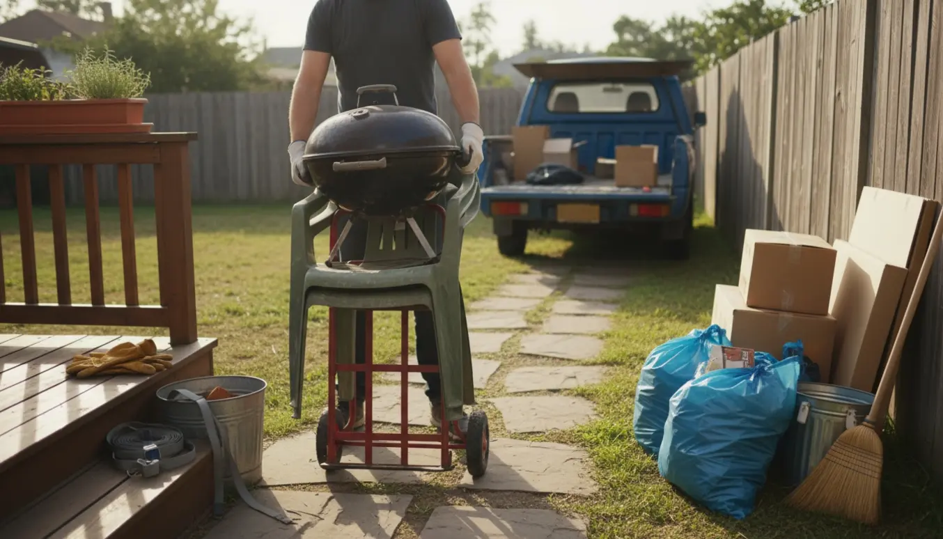 Person læsser en rusten grill og en slidt havestol i en pick-up i en soloplyst baghave.