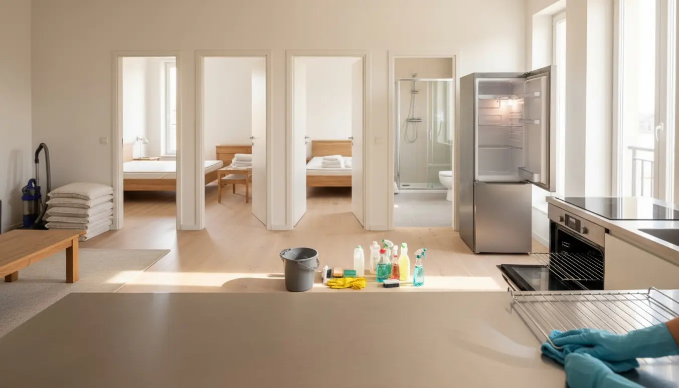 Lyst tomt hus under flytterengøring med handsker, moppe og rengøringsudstyr i køkken, stue, værelser og badeværelse.