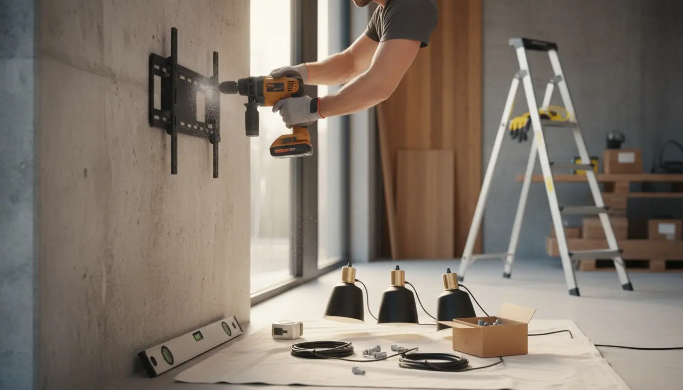 Hænder monterer lamper, billedskruer og TV-beslag på en betonvæg med høj stige og værktøj.