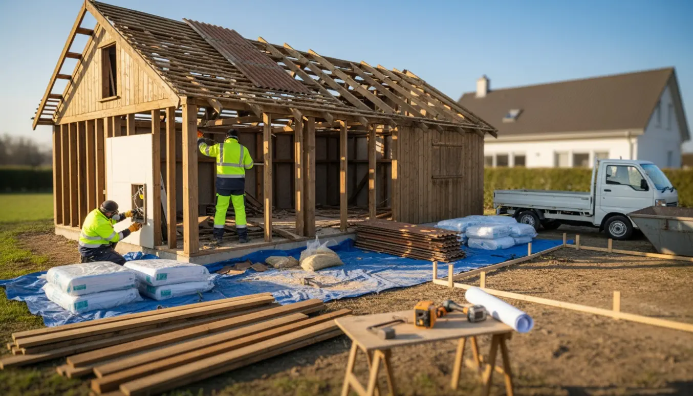 Delvist nedrevet træannex med arbejdere i beskyttelsesudstyr og materialer klar til bortkørsel.