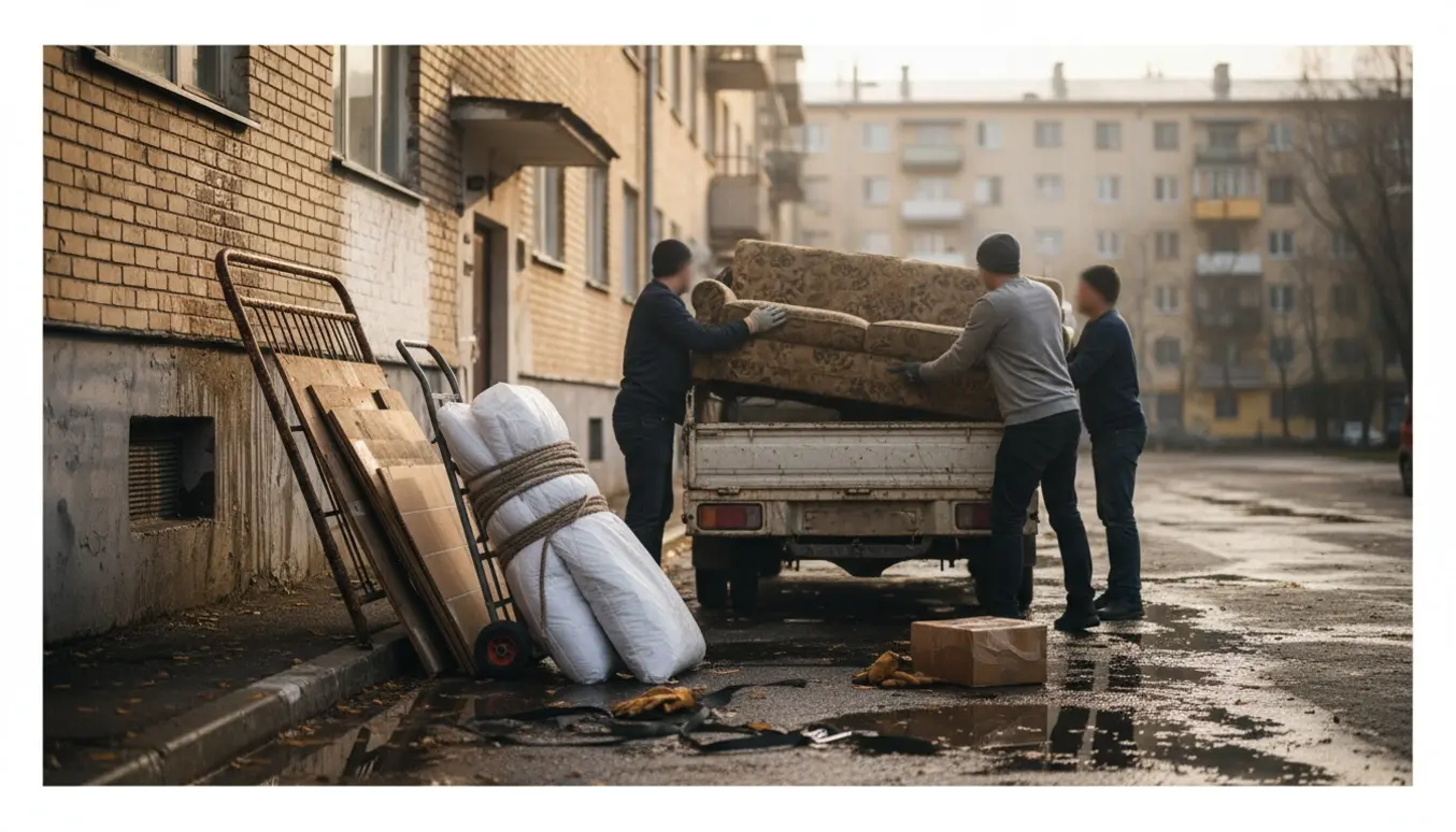 Frivillige læsser sofa, metalramme, træplanker og tynde plastikdyner ud ved en lejlighedsbygning efter skybrud.