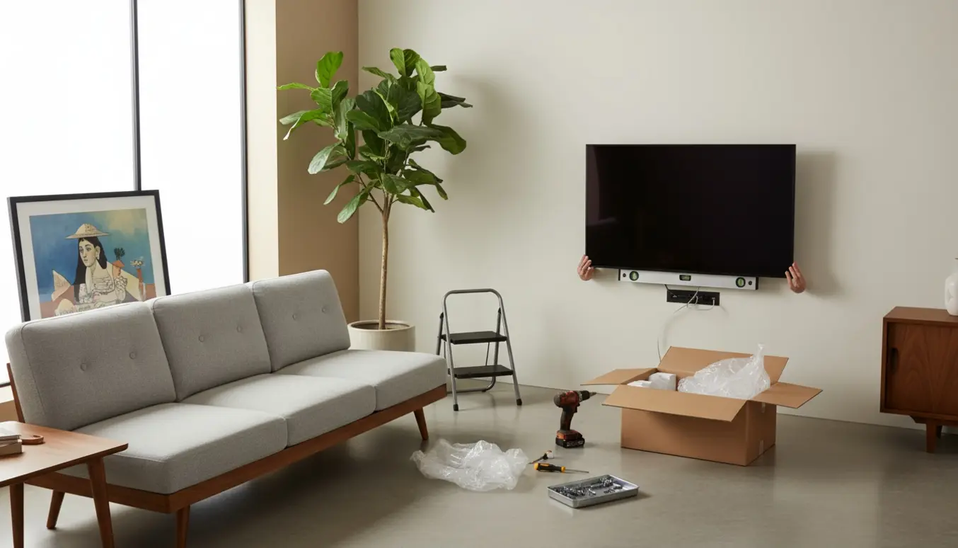 Nyt Frame TV hænges op på væggen ved siden af en Picasso-plakat, med værktøj og emballage synligt.