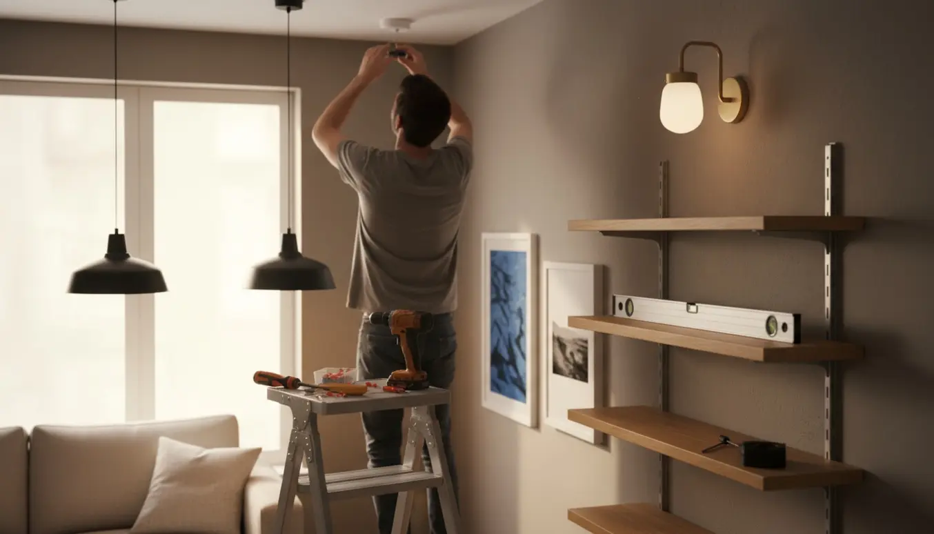 Håndværker på en stige monterer en loftslampe, mens hylder og billedrammer er ved at blive sat op i en lys stue.