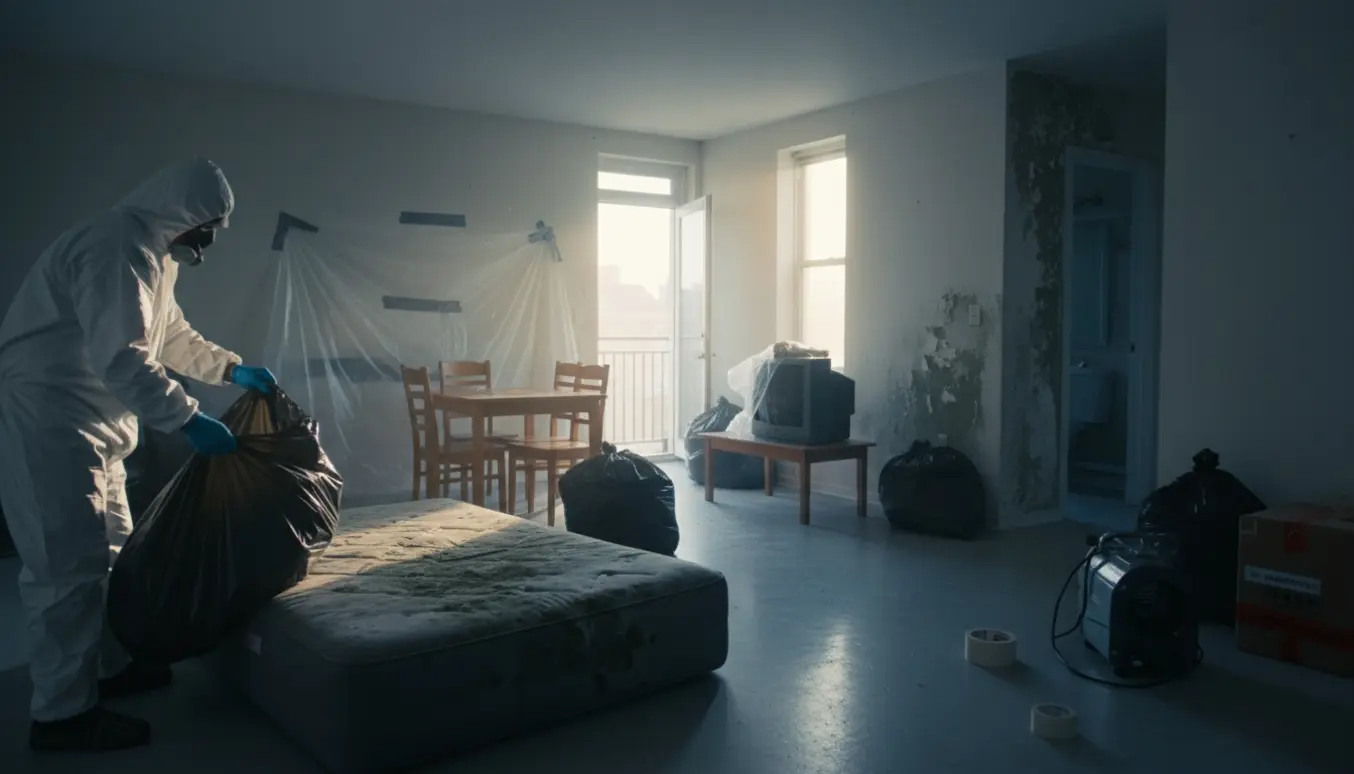 PPE-klædte hænder pakker inficerede møbler i sorte affaldssække i en lys lejlighed med synlige skimmelsvampspletter.