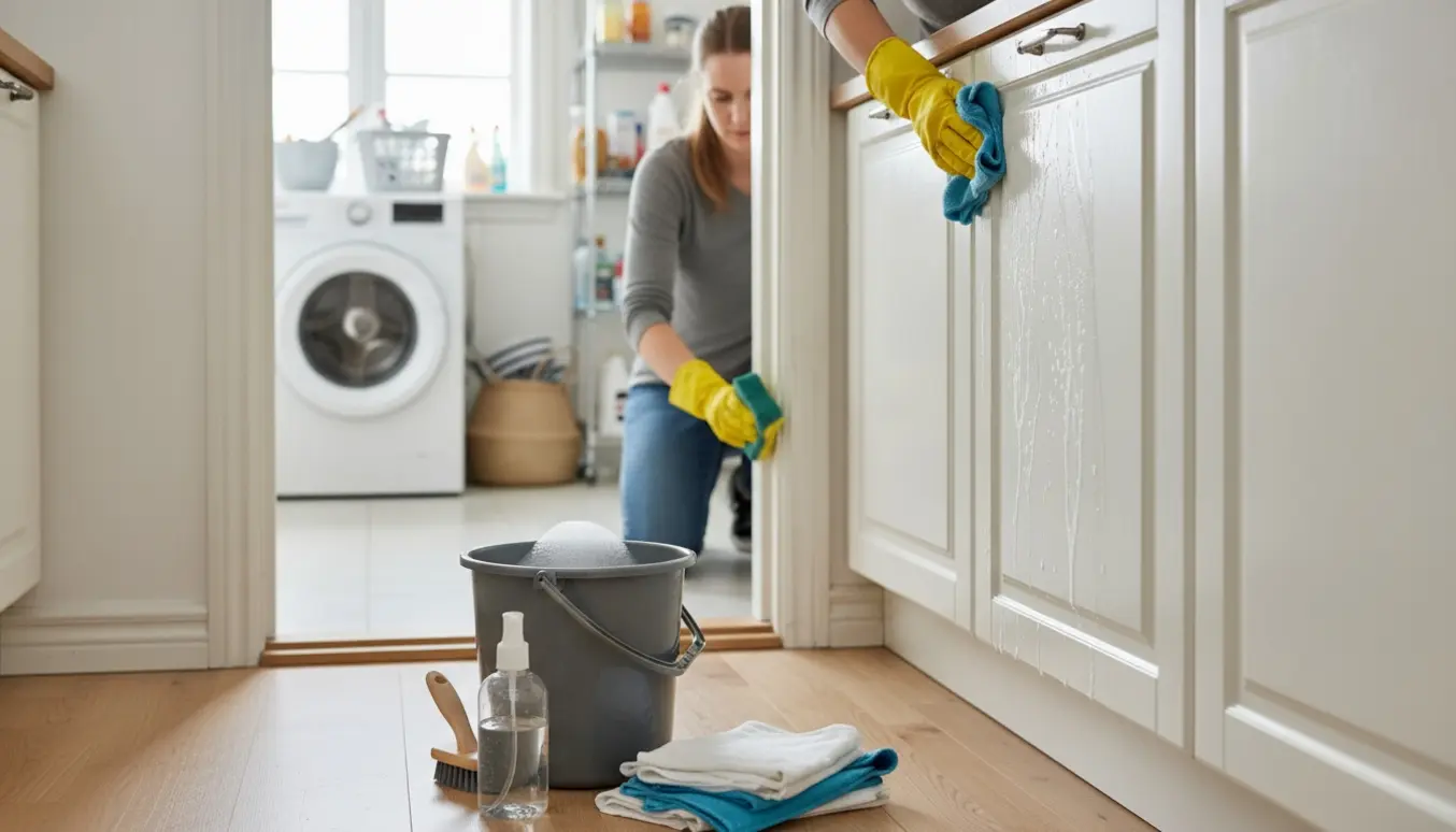 En person i handsker pudser køkkenskab og dørkarme i et lyst hjem med spand, klud og sprayflaske.