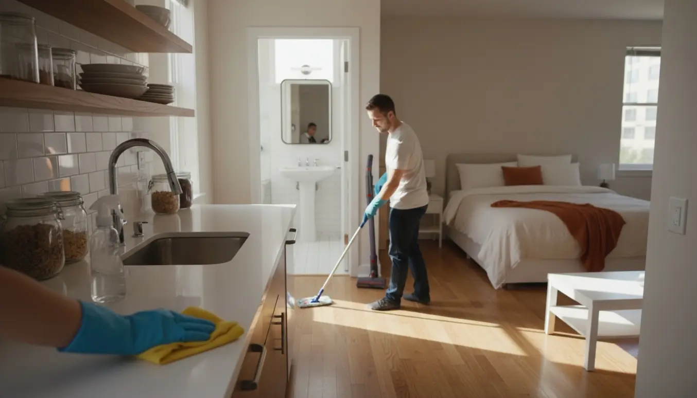 Ren, moderne lejlighed med hænder, der tørrer åbne køkkenhylder og en moppe, der vasker trægulvet i dagslys.