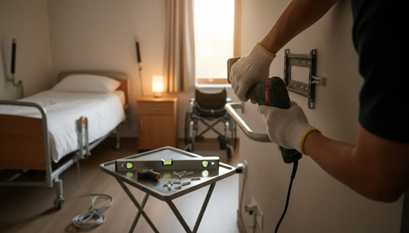 Fladskærm monteres på en tynd væg i en plejebolig med værktøj og seng i baggrunden.