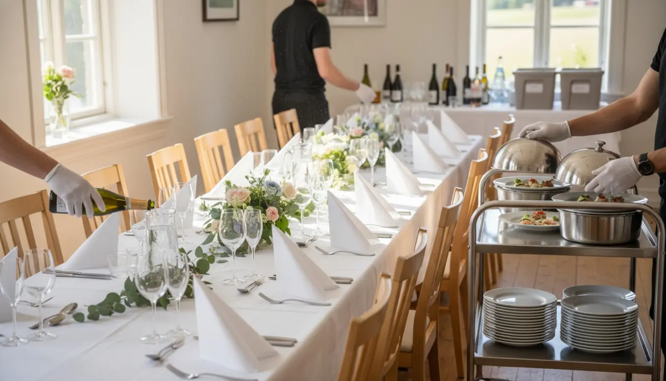 Tjenere serverer velkomstdrinks og rydder borde ved en konfirmationsmiddag.