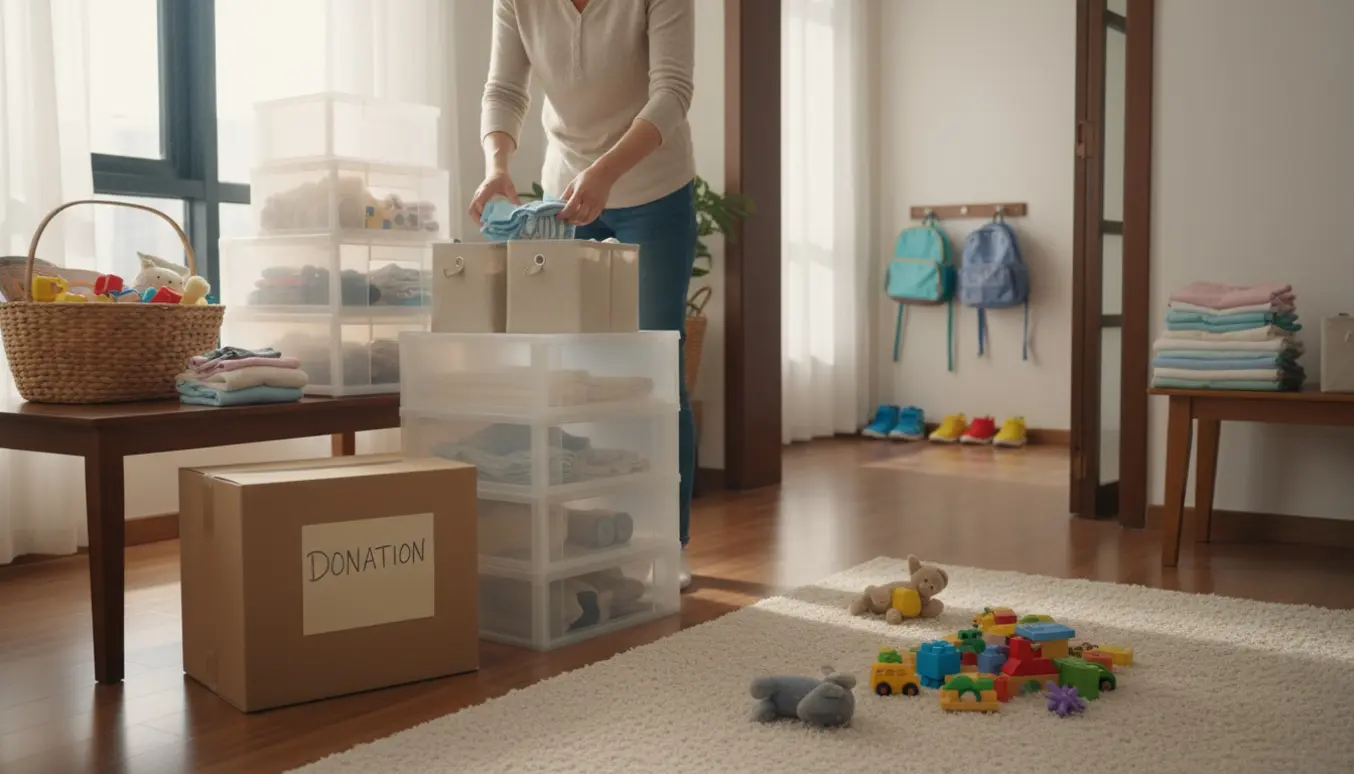 Voksen organiserer børnenes tøj og legetøj i et lyst, ryddeligt hjem uden synlige ansigter.