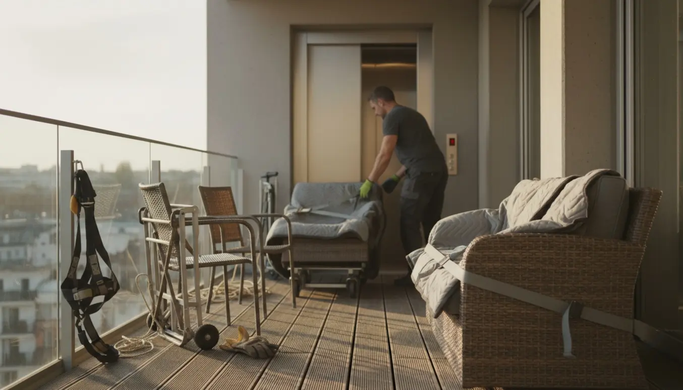 Fagfolk flytter en lille sofa og tre terrasse­stole fra en 5. sal altan via elevatoren uden synlige ansigter.