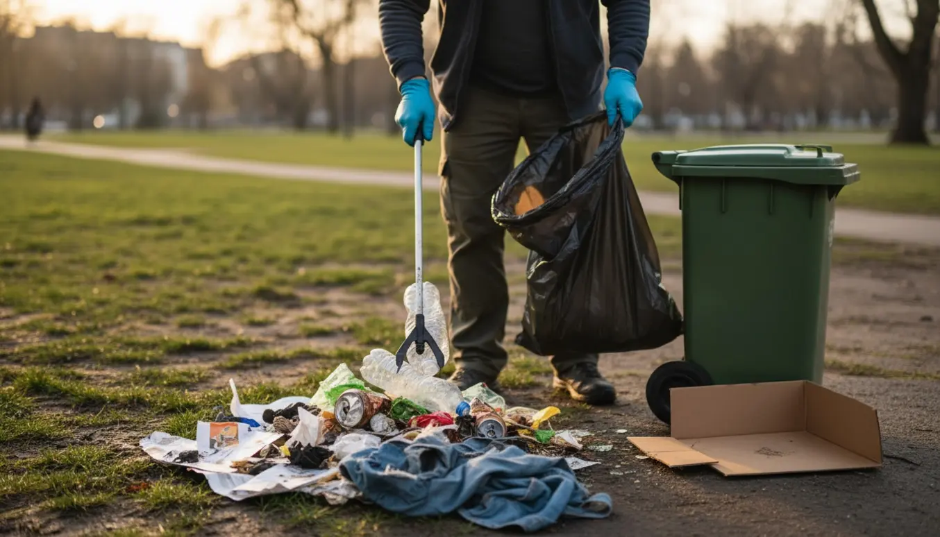 Frivillige i handsker fjerner en blandet bunke affald fra en grøn byhave med gribetang og affaldssæk.
