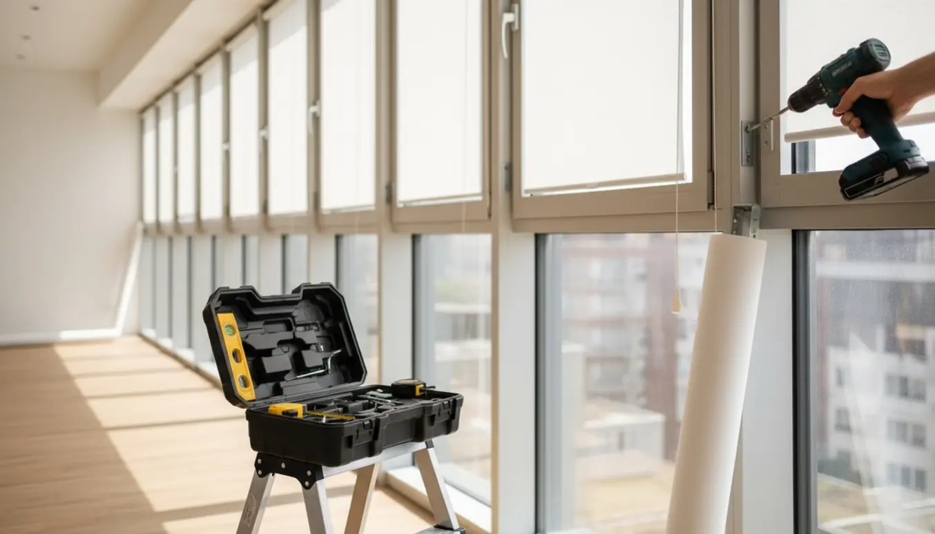 Hænder monterer et rullegardin i et lyst rum med stige, boremaskine og værktøj.
