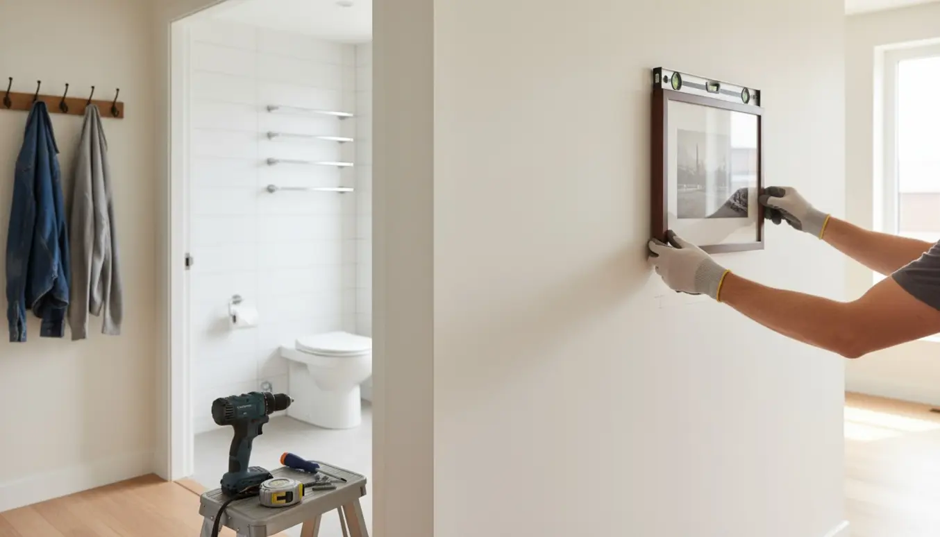 Nærbillede af hænder, der hænger en billedramme op, med færdigmonterede håndklædeholdere og toiletpapirholder i badeværelset og en knagerække i gangen i baggrunden.