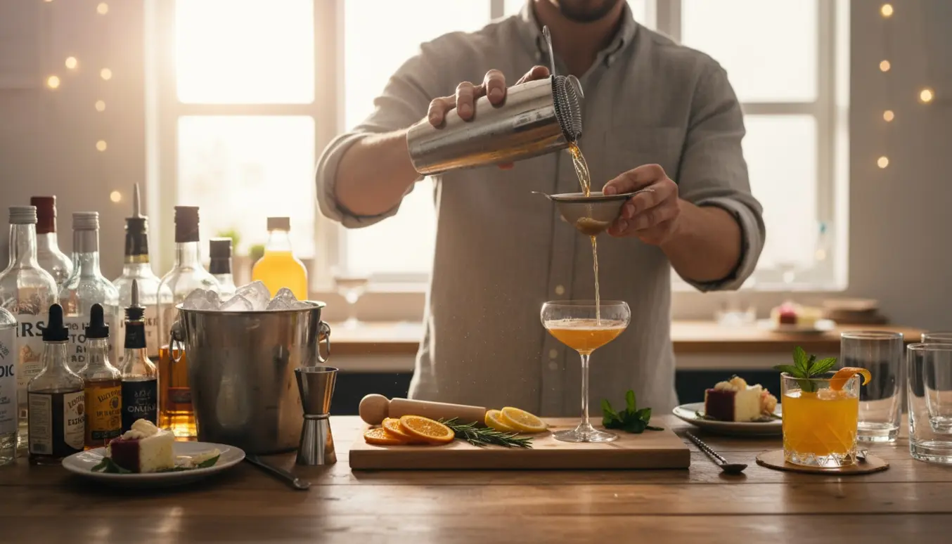 En bartenders hænder laver cocktails ved en hyggelig hjemmebar med flasker, mixere og glas.