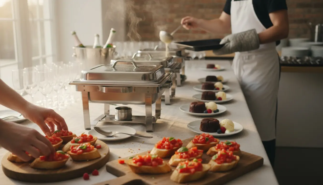 Buffetbord til konfirmation med bruschetta, varme fade, lavakager med is og hænder der anretter i rolig stemning.