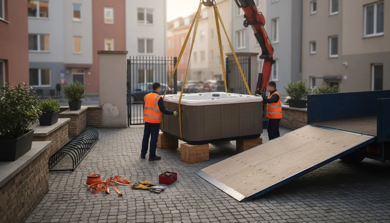 Kran løfter en udendørs spa/jacuzzi ud af en gårdhave med arbejdere og lastbil i baggrunden.