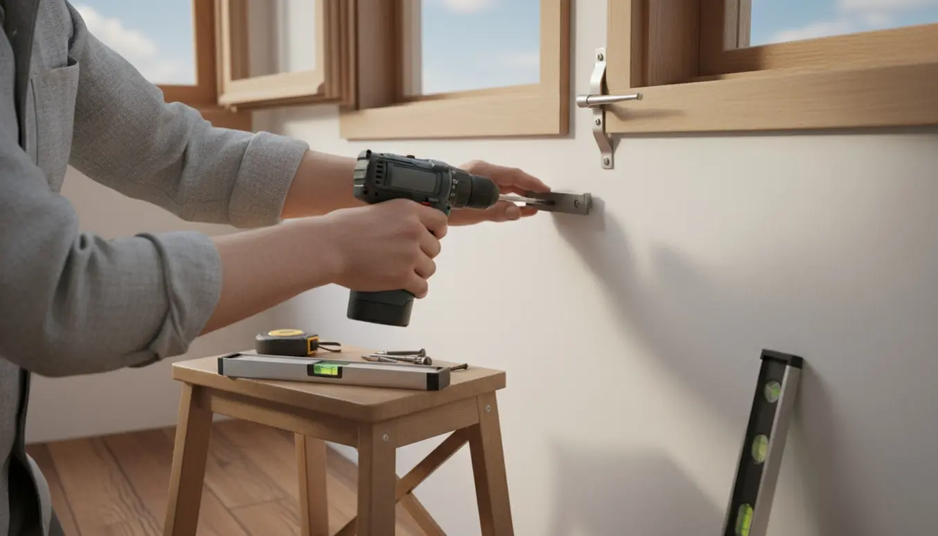 Nærbillede af hænder, der monterer fire knager og en vinduesåbnerstang ved et vindue.
