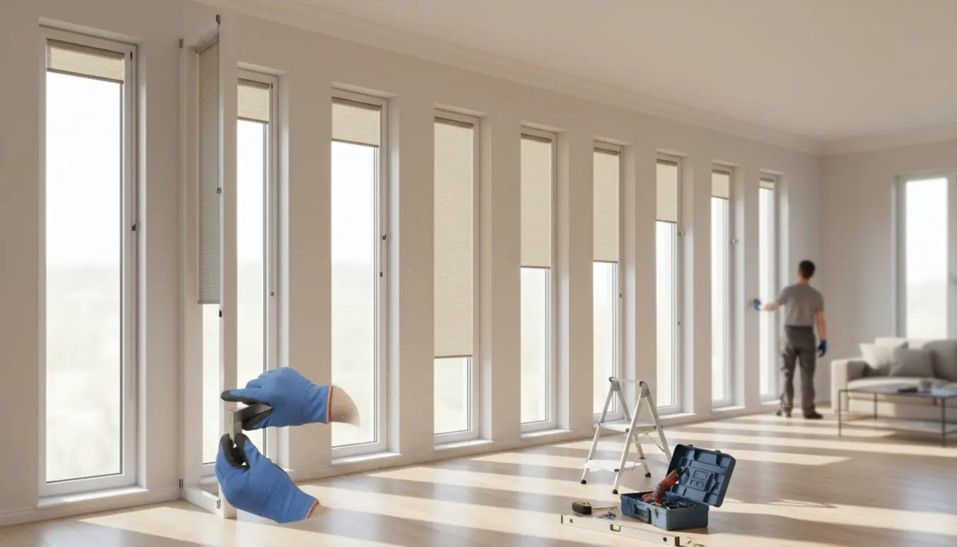 Hænder monterer svævende persienner i en række af ni vinduer i et lyst, moderne rum.