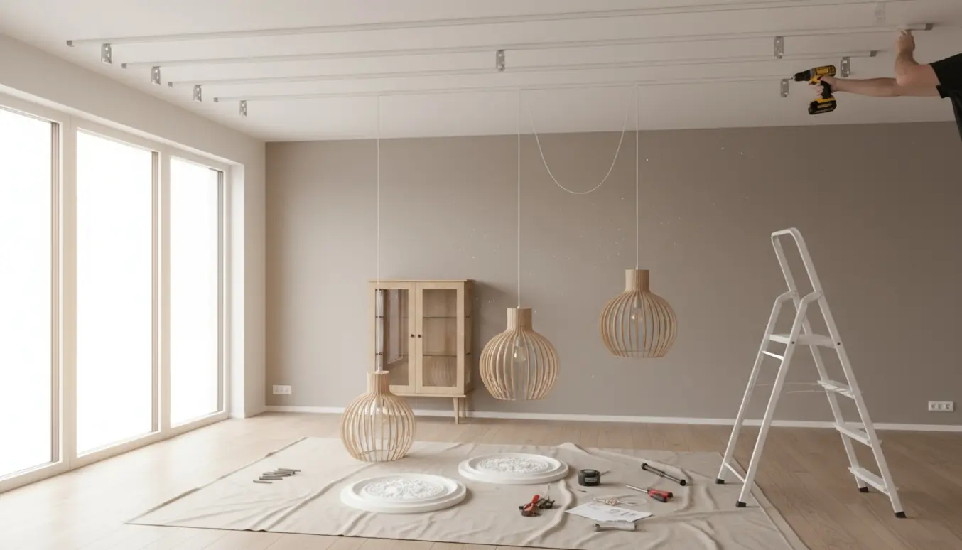 Hænder monterer loftsbeslag til gardiner med boremaskine i et lyst, skandinavisk rum med lamper og et lille vitrineskab.