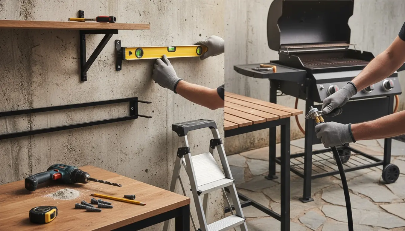 Hænder monterer en reol og vinreol på en betonvæg, mens en slange skrues fast på en grill.