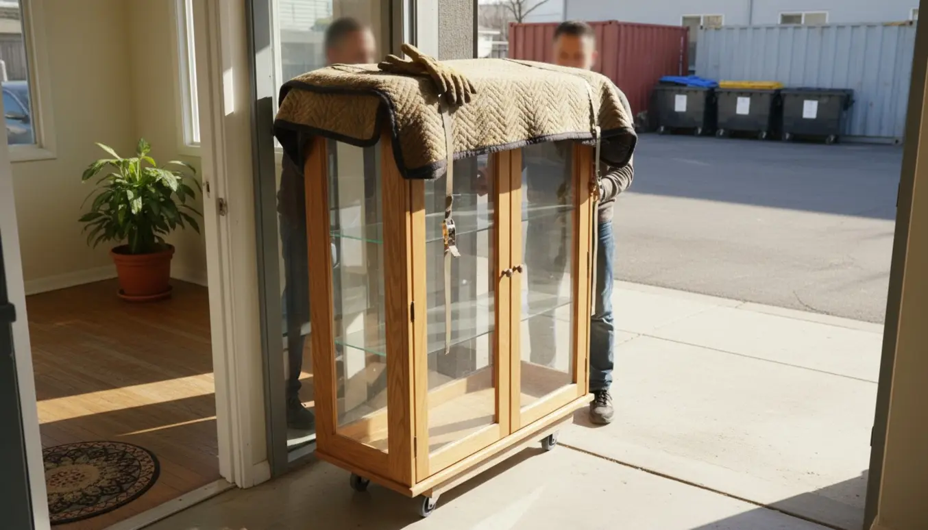 Et egetræsvitrineskab bæres ud af en stuelejlighed mod en nærliggende containerplads, pakket ind i flyttetæpper.
