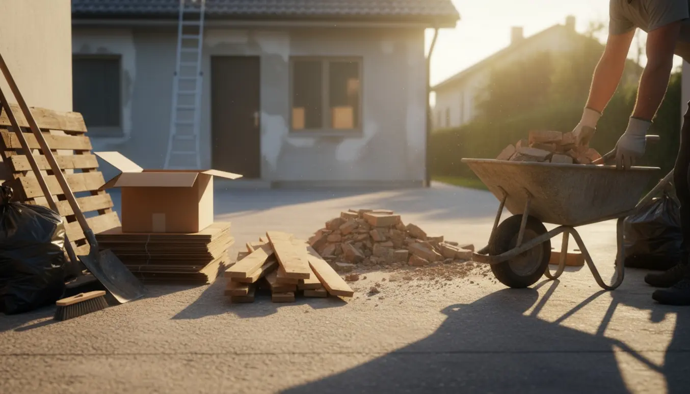 Stak papkasser, træplanker og murbrokker på indkørsel klar til bortskaffelse efter renovering.