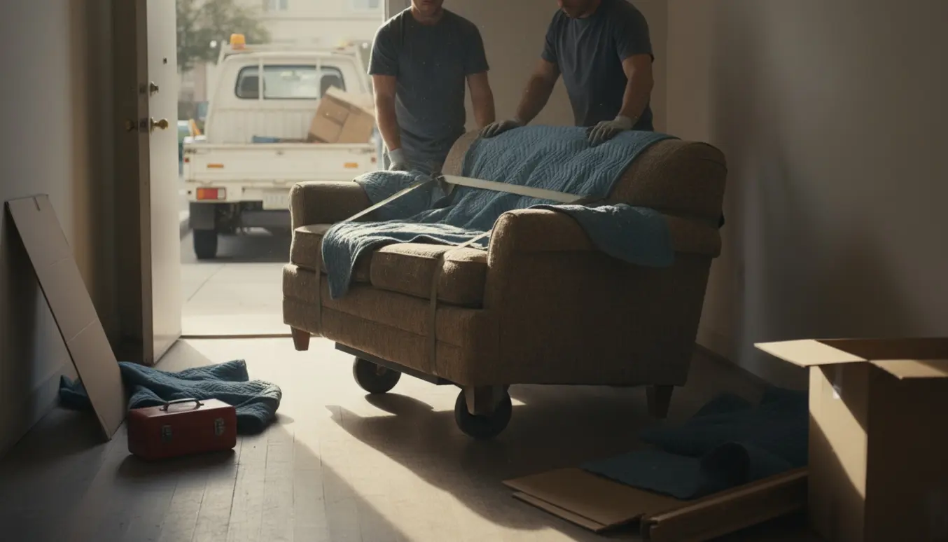 Gammel sofa pakket i flyttetæppe bæres ud gennem en lejlighed mod en ventende varebil.