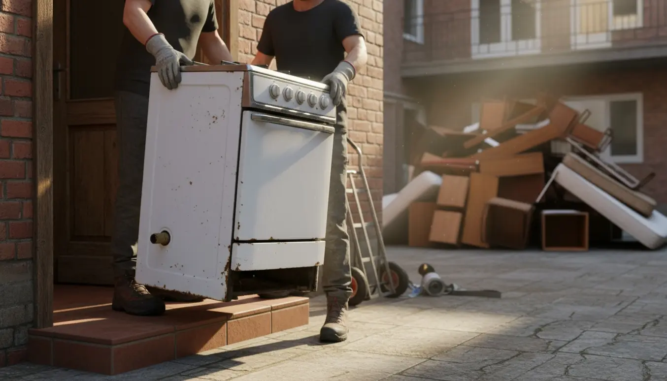 To personer bærer et afmonteret, smalt gaskomfur gennem gården mod storskrald.