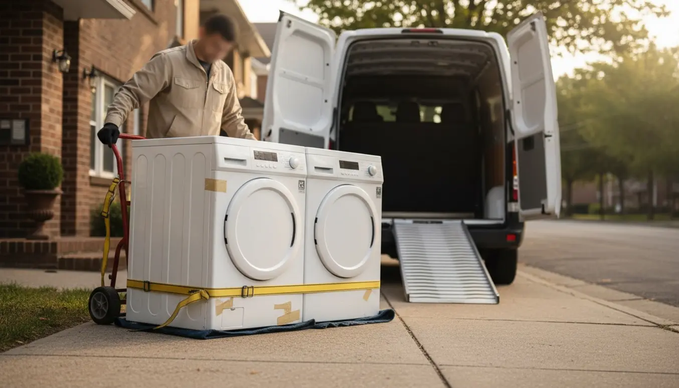 Vaskemaskine og tørretumbler på kantstenen klar til afhentning med en flyttemand set bagfra.