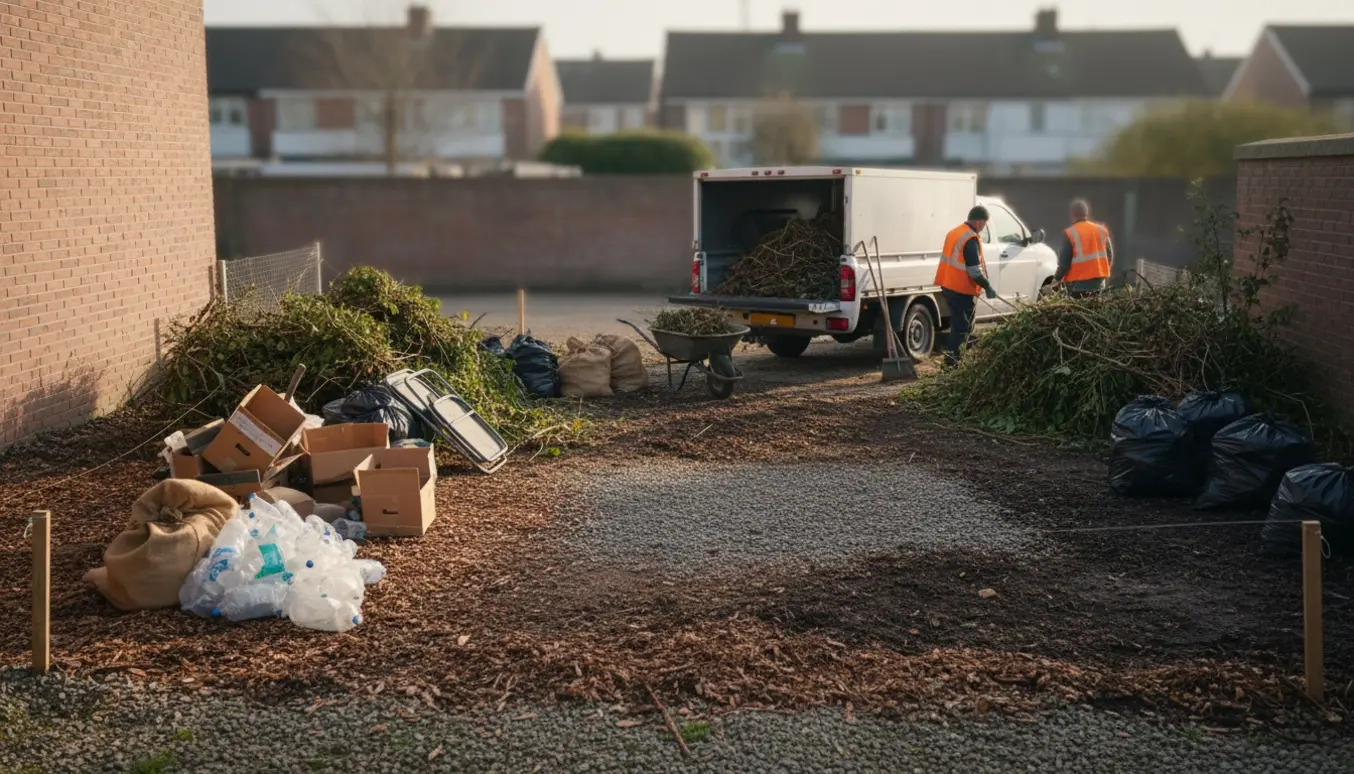 Et lille baghaveområde ryddes for blandet affald med sække, skovl og en åben trailer klar til bortkørsel.