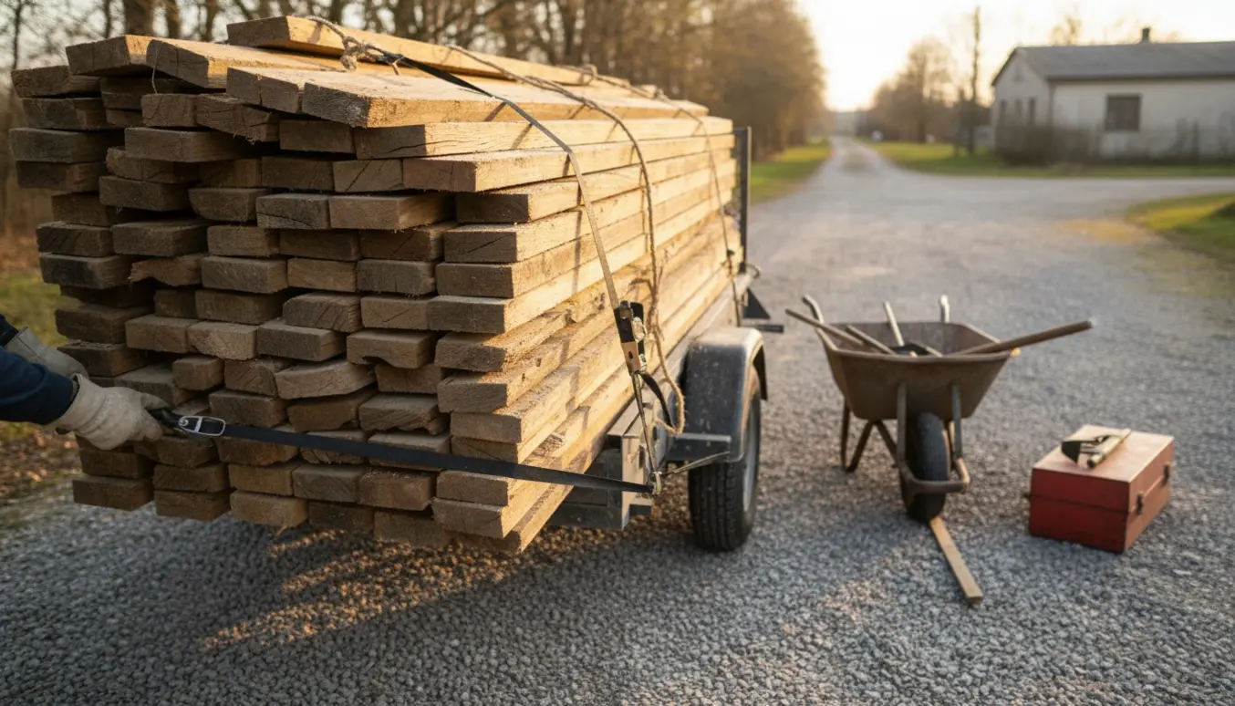 En trailer læsset med gamle hegnsbrædder bundet med stropper, klar til aflevering ved genbrugsstationen.