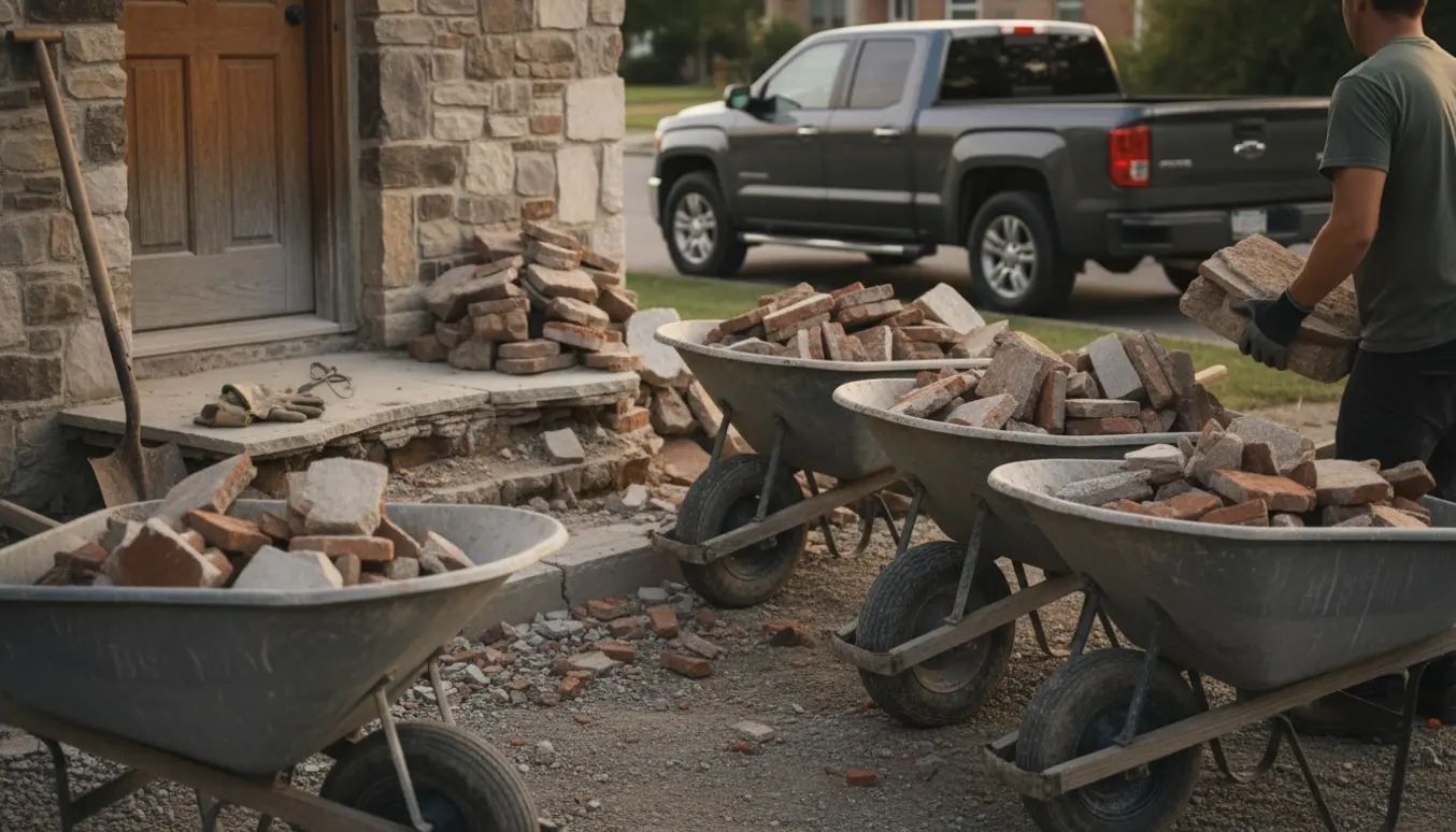 Fyldte trillebøre med sten ved en hoveddør, klar til afhentning og kørsel til genbrugsstationen.