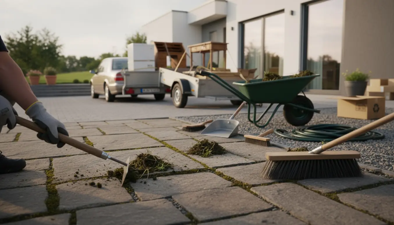 Hænder fjerner ukrudt og mos mellem fliser med trailer ved huset fyldt med en fryser, et skrivebord og pap klar til genbrug.