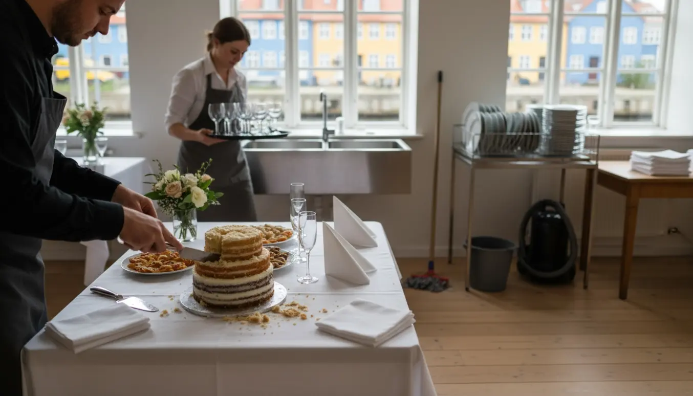 Servering og oprydning efter bryllupsreception i et lyst beboerlokale med kage, glas og rengøringsredskaber.