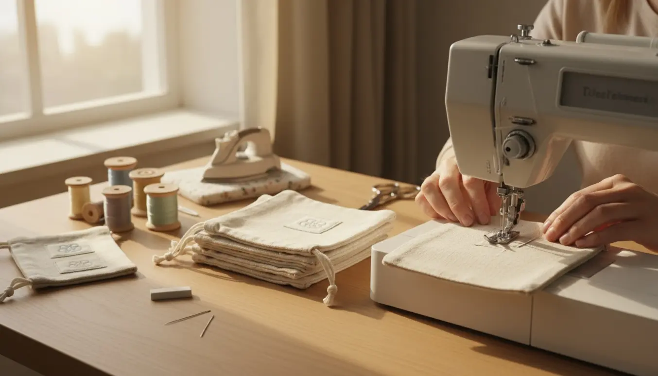 Nærbillede af hænder, der syr små smykkeposer og påsyr et enkelt emblem ved et lyst arbejdsbord.
