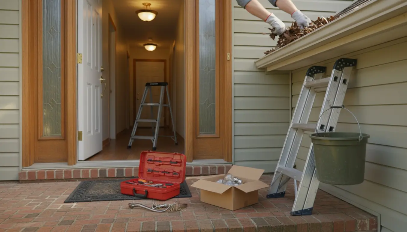 Hænder skifter loftspære, løse dørhåndtag og rensning af tagrender ved et parcelhus.