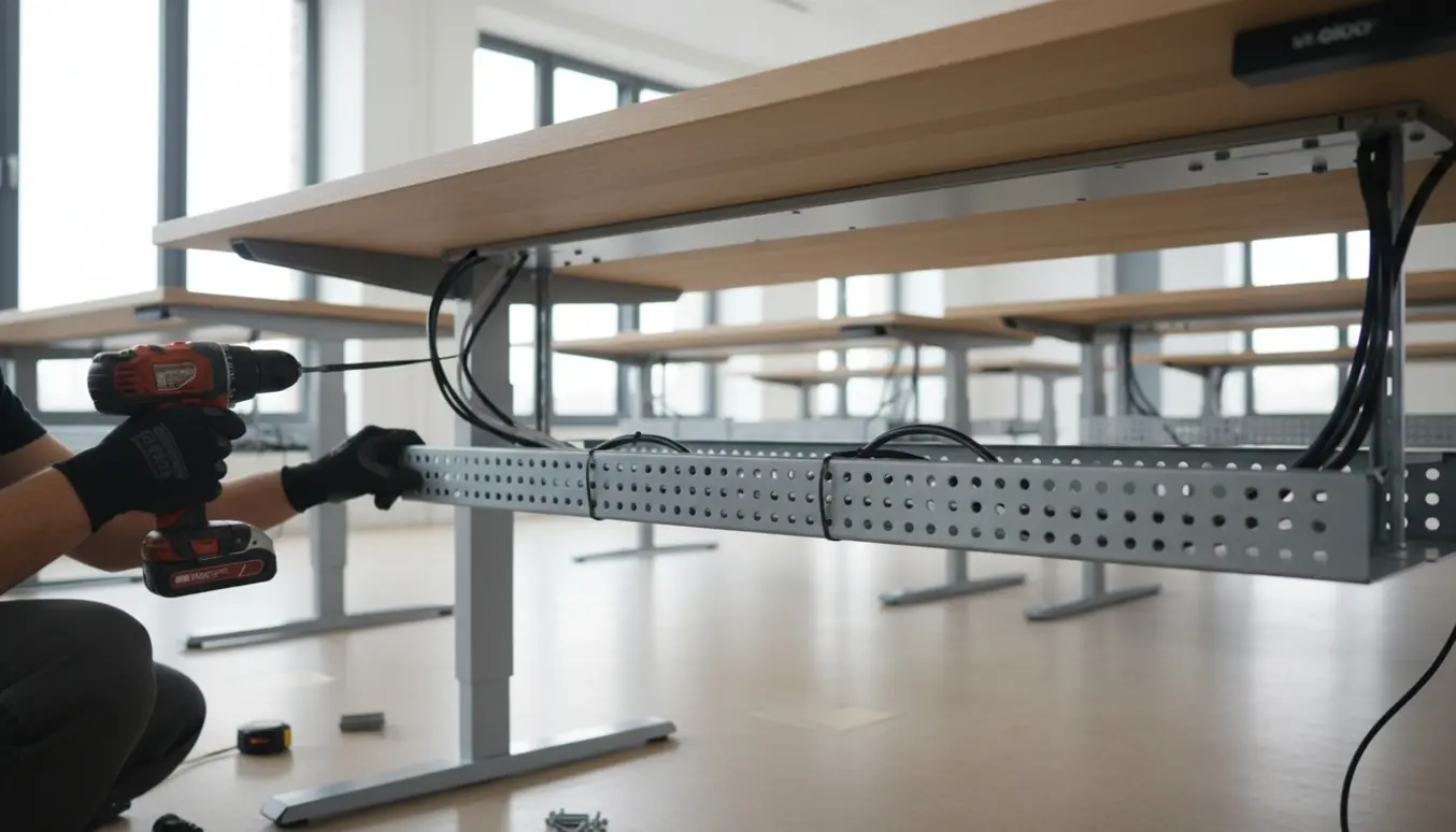 Tekniker skruer en ca. 100 cm kabelbakke op under et hæve/sænkebord i et lyst kontormiljø.