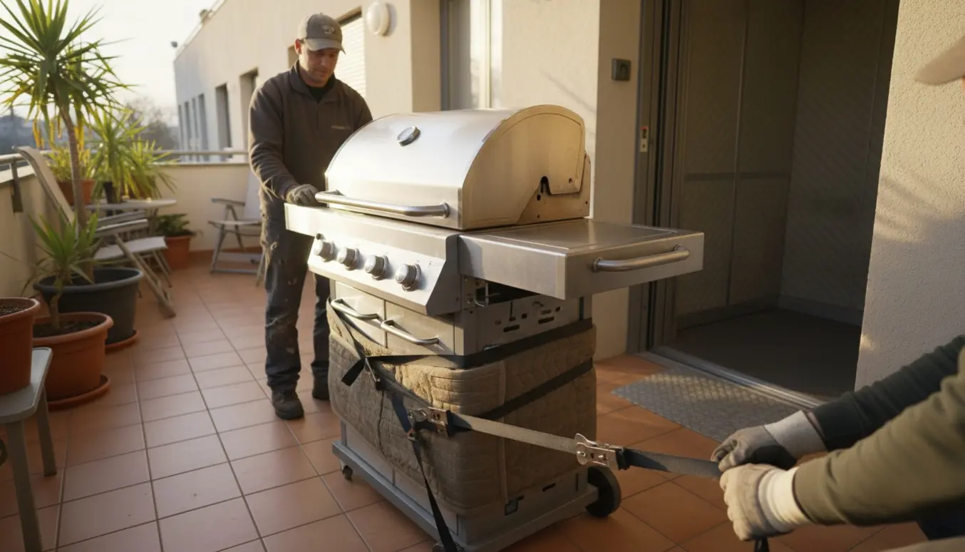 Stor sammensat grill trækkes på en vogn fra en 2. sals terrasse mod en elevator.