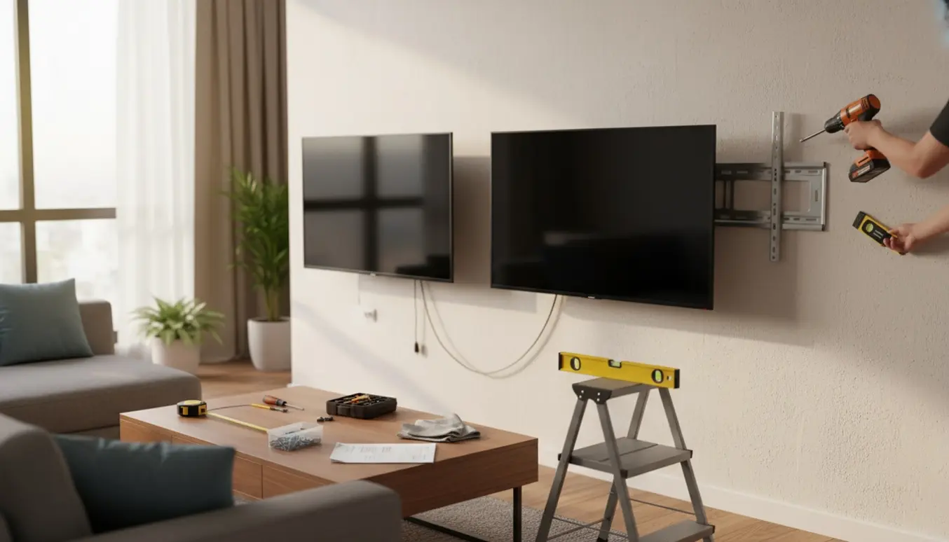 To fjernsyn monteres på en væg i en moderne stue med værktøj og hænder synlige.