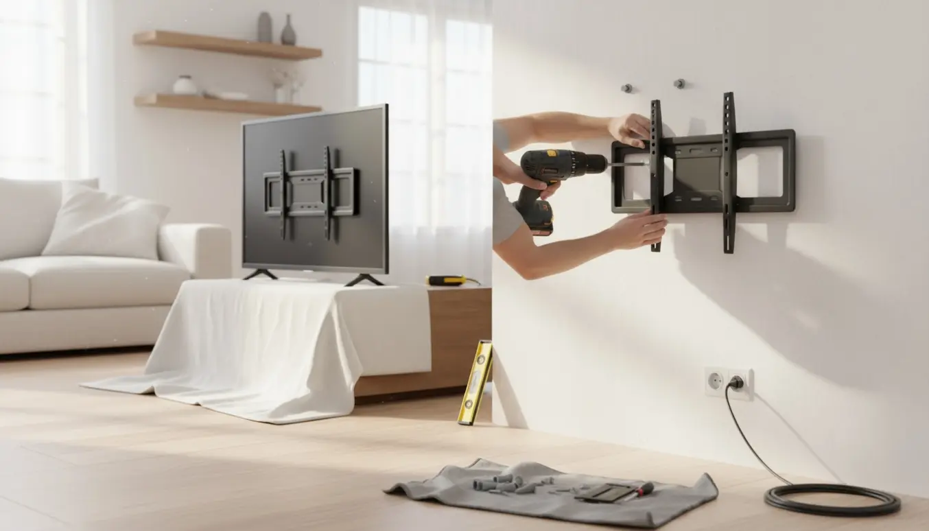 Et ramme-tv monteres på en gipsvæg med vægbeslag, værktøj og rawlplugs i forgrunden.