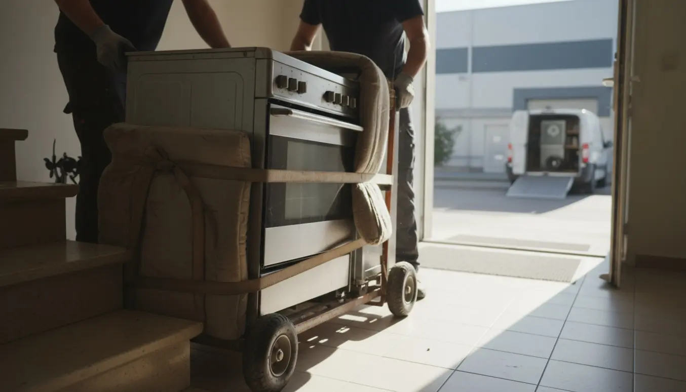Et indbygningskomfur og kogeplade på en flyttevogn, båret ned ad trappen mod hoveddøren klar til genbrug.