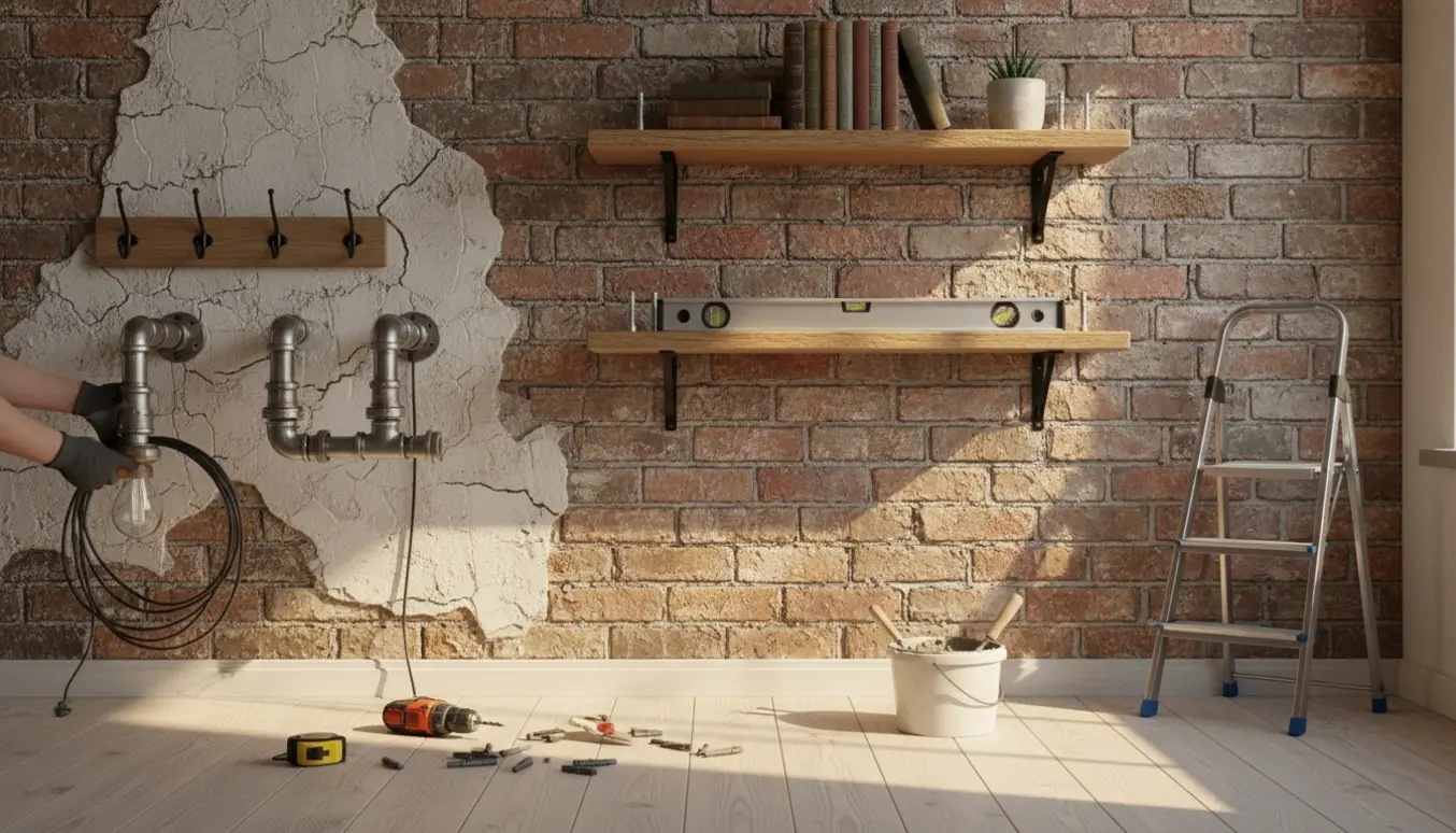 Håndværker monterer lamper, to boghylder og en kort knagerække på en gammel murstensvæg med synligt løst puds.
