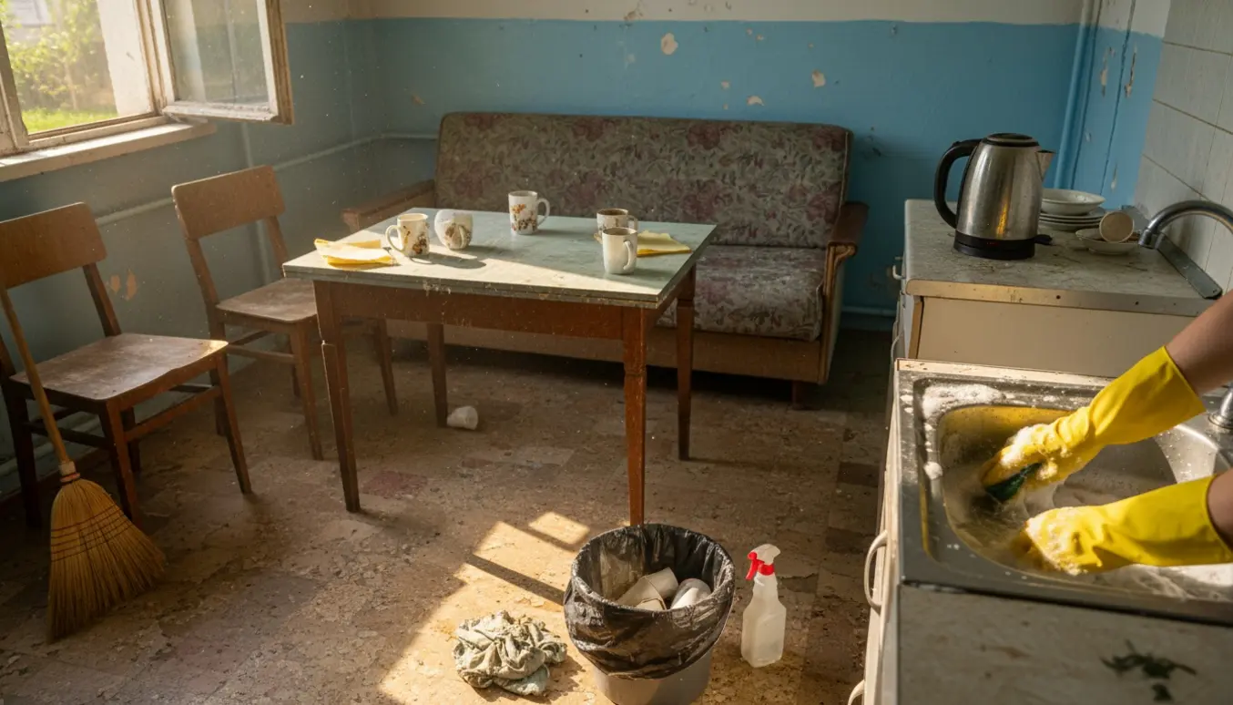 Rengøring af et beskidt klubværelse med the-køkken, handsker og rengøringsudstyr i fokus.