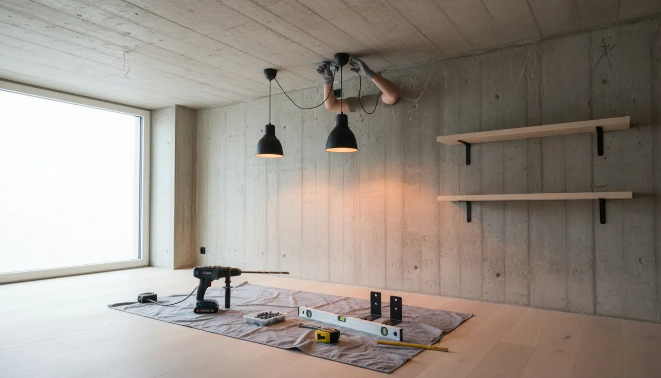 To loftslamper monteres i betonloft, mens træhylder fastgøres på en betonvæg.