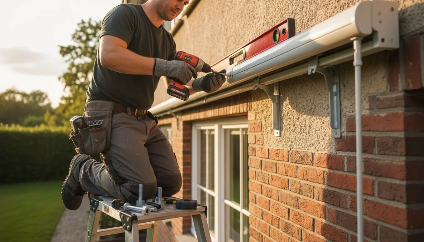 Håndværker sikrer og genopsætter en 4,5 m markise på husfacade med værktøj på en stige.