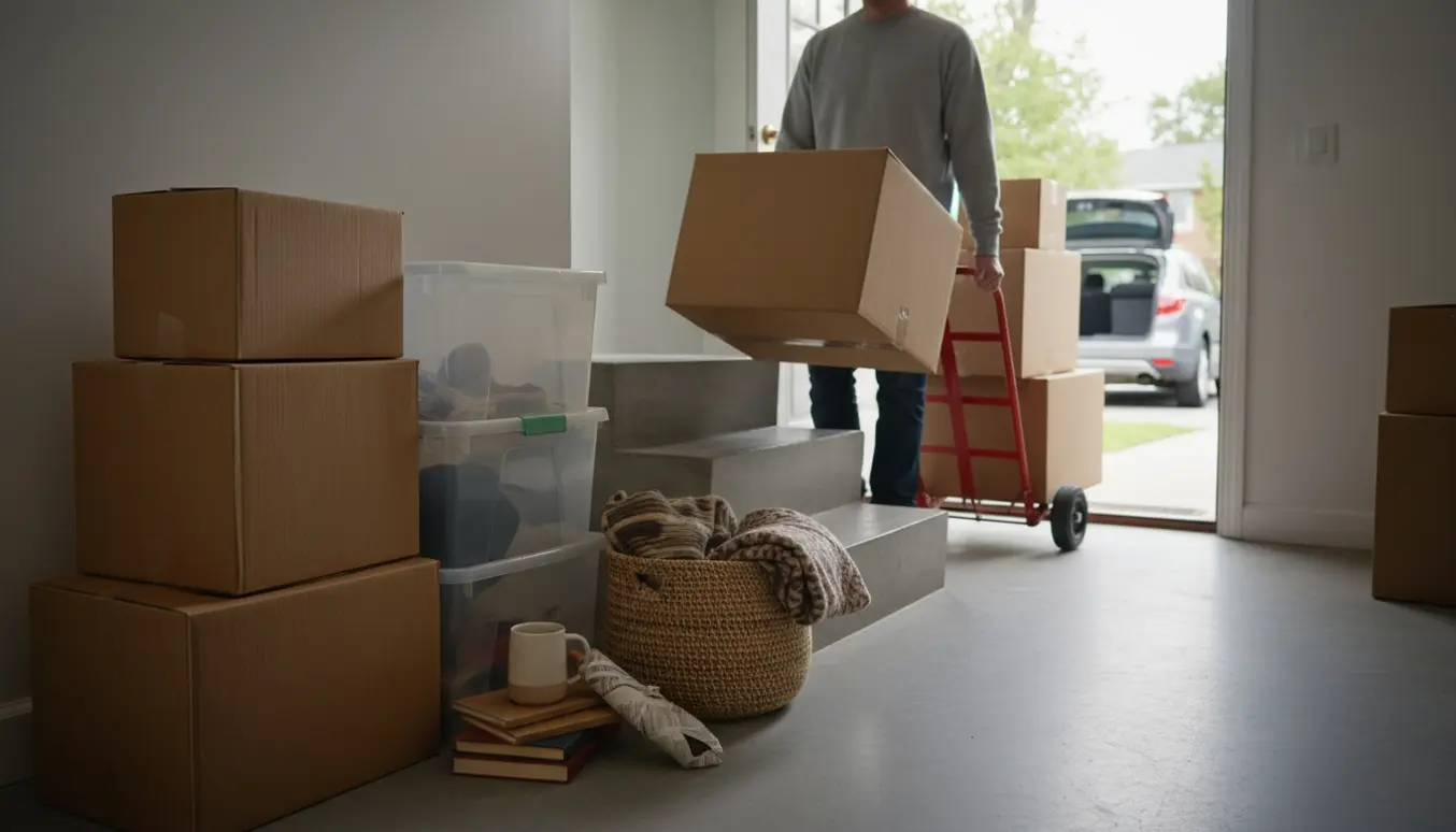 Et lille kælderrum i Sorø med flyttekasser, opbevaringskasser og en kurv klar til at blive ryddet.